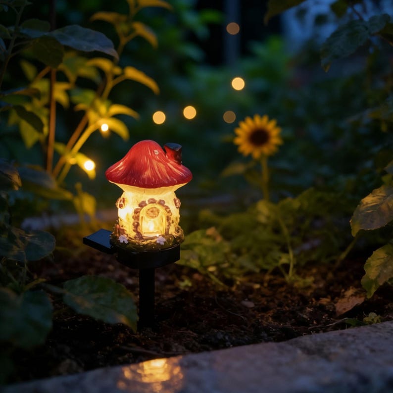 Op de afbeelding: Een zonne-aangedreven tuinpaal met een paddenstoelvormig huis met een rode kap en een gloeiend interieur. Het huis heeft een gedetailleerde gevel met een kleine deur en ramen, tegen een achtergrond van weelderig groen en een zonnebloem.