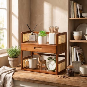 May include: A two-tier wooden desktop organizer featuring a drawer, light-colored woven cane side panels, and a smooth finish. The top shelf holds a glass reed diffuser, a small potted succulent, and a white cup filled with wooden pencils.