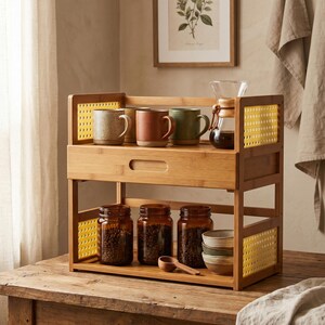 May include: A two-tier bamboo storage shelf featuring a drawer with a recessed handle and side panels with a yellow perforated pattern. The top shelf holds three ceramic mugs and a glass carafe. The bottom shelf holds three glass jars.