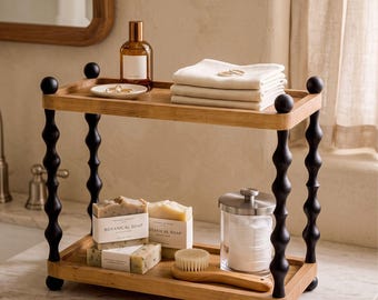 Retro Wooden 2 Tier Bathroom Vanity Shelf, Spindle Leg Perfume Tray Stand