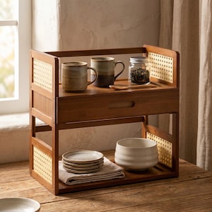 May include: A two-tiered wooden countertop organizer featuring a central drawer and side panels with a woven cane pattern. The top shelf holds two ceramic mugs, a glass jar with a metal lid, and a wooden spoon. The bottom shelf holds a stack of small plates.