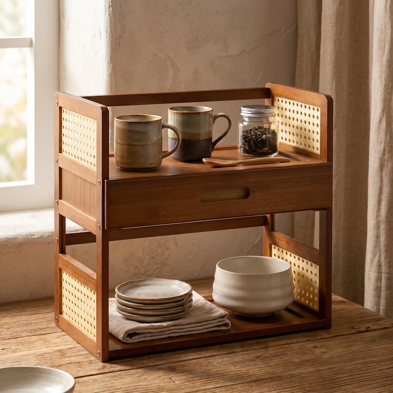 May include: A two-tiered wooden countertop organizer featuring a central drawer and side panels with a woven cane pattern. The top shelf holds two ceramic mugs, a glass jar with a metal lid, and a wooden spoon. The bottom shelf holds a stack of small plates.