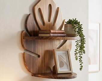 Monstera Leaf Floating Shelf, Wooden Boho Chic Plant Display, Set of 2