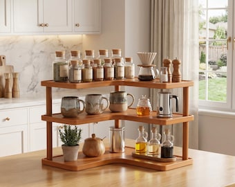 Bamboo Corner Shelf Organizer, Natural Wood Countertop Storage Rack