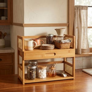 May include: A two-tier bamboo countertop organizer featuring side panels with woven cane detailing. The unit includes a central drawer with a recessed handle, providing storage for mugs, glass jars filled with coffee and sugar, a honey pot, and plates.