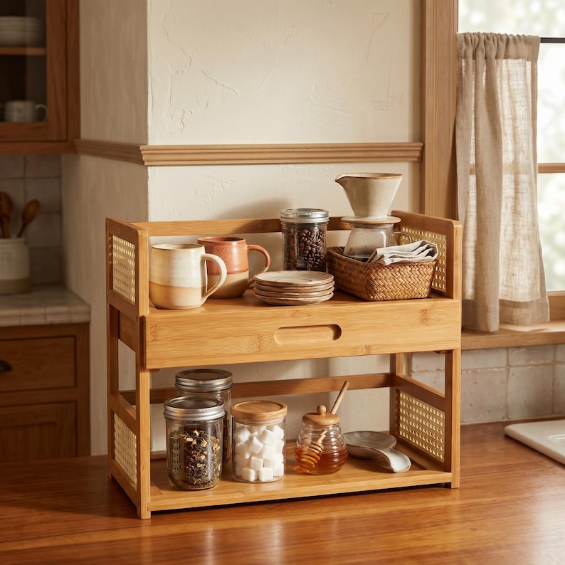 May include: A two-tier bamboo countertop organizer featuring side panels with woven cane detailing. The unit includes a central drawer with a recessed handle, providing storage for mugs, glass jars filled with coffee and sugar, a honey pot, and plates.