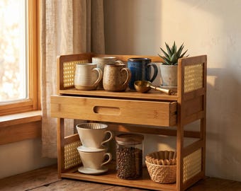 Bamboo Matcha Coffee Station Organizer with Drawer – Japandi Kitchen Decor
