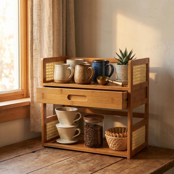 Bamboo Matcha Coffee Station Organizer with Drawer – Japandi Kitchen Decor