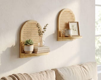 Arched Rattan Floating Shelves Set of 2 Boho Wall Decor Natural Wood Display Shelf