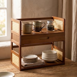May include: A two-tier wooden storage shelf featuring light-colored woven cane side panels. The top shelf holds two ceramic mugs and a glass jar with a metal lid. The bottom shelf contains a stack of small ceramic plates and a white bowl.
