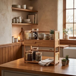 May include: A two-tiered bamboo countertop organizer featuring a drawer and side panels with woven cane detailing. The unit holds glass jars with wooden lids, ceramic mugs, and small bowls, providing storage for kitchen essentials on a wooden surface.