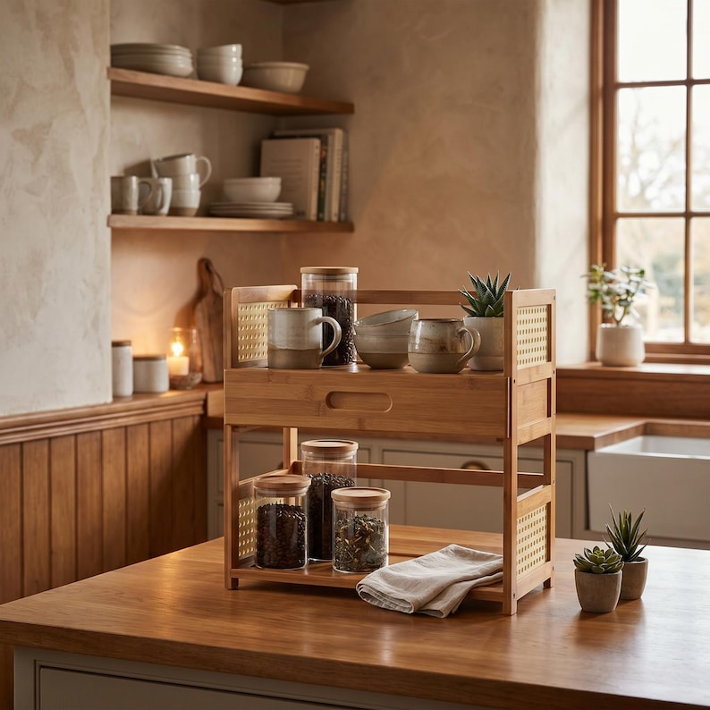 May include: A two-tiered bamboo countertop organizer featuring a drawer and side panels with woven cane detailing. The unit holds glass jars with wooden lids, ceramic mugs, and small bowls, providing storage for kitchen essentials on a wooden surface.