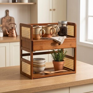 May include: A two-tier bamboo countertop organizer featuring a central drawer, side panels with woven cane detailing, and an open design. The unit holds two ceramic mugs, a glass jar of coffee beans, a stack of bowls, a potted plant, and a wooden spoon.
