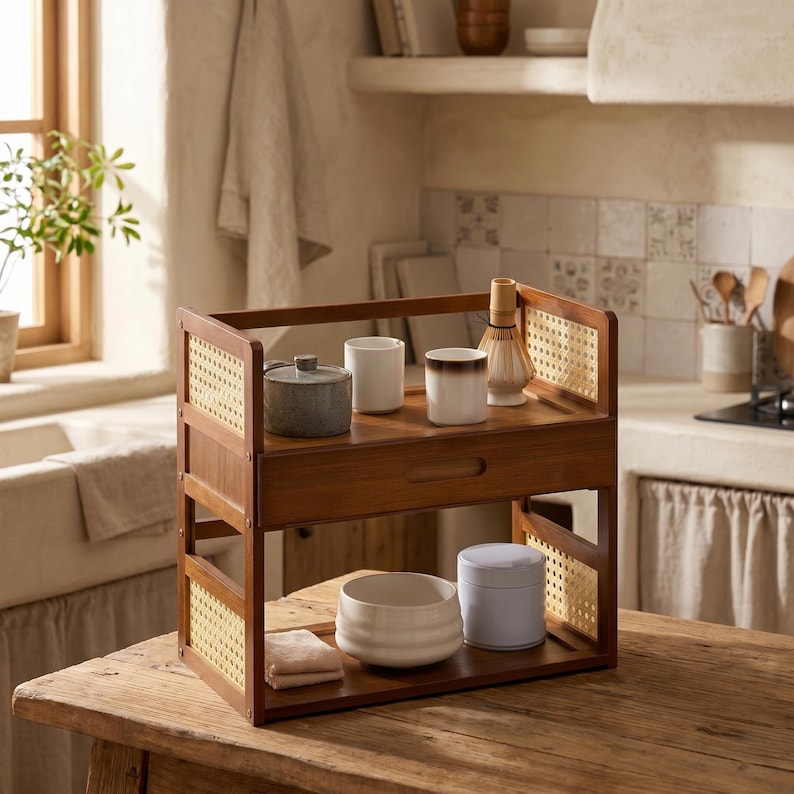 May include: A two-tier wooden countertop organizer featuring a central drawer and side panels with a woven cane pattern. The top shelf holds a gray lidded container, two white mugs, and a bamboo whisk. The bottom shelf holds a white bowl and a white canister.