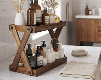 Bamboo Two-Tier Organizer Shelf, Japandi Vanity Storage, Bathroom Counter Display