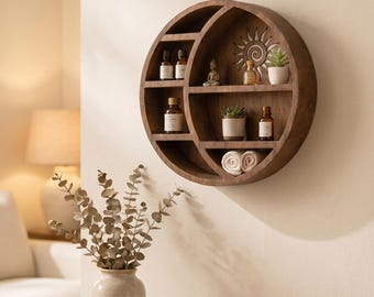Wooden Moon Shelf, Boho Crystal Display, Spiritual Wall Rack