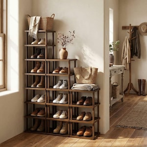 Bamboo vertical shoe rack saves space, stackable organizer for small homes