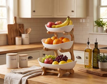 Tiered Ceramic Serving Bowls with Bamboo Stand, Minimalist Kitchen Counter Storage