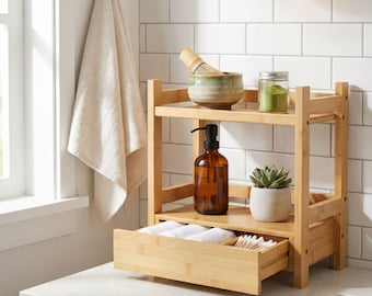 2-Tier Bamboo Countertop Organizer Shelf with Hidden Storage Drawer for Bathroom and Vanity.