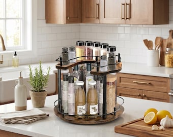 2 Tier Spinning Spice Rack: 12 Inch Wood Metal Kitchen Organizer