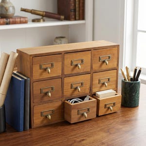 May include: A wooden desk organizer with nine small drawers, each with a brass pull. One drawer is open, revealing a white USB cable. The organizer sits on a wooden desk, with books and a marble pen holder nearby.