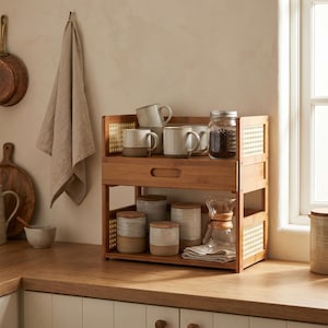 May include: A two-tier bamboo countertop organizer featuring a drawer and side panels with a woven cane pattern. The shelf holds several ceramic mugs, a glass jar filled with coffee beans, various lidded storage canisters, and a glass carafe.