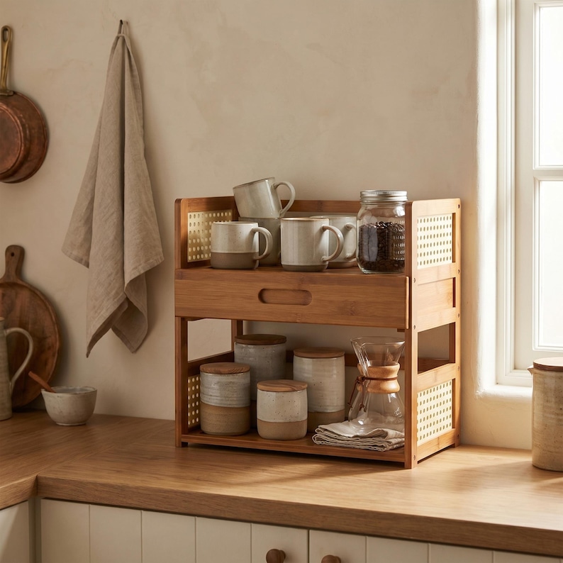 May include: A two-tier bamboo countertop organizer featuring a drawer and side panels with a woven cane pattern. The shelf holds several ceramic mugs, a glass jar filled with coffee beans, various lidded storage canisters, and a glass carafe.