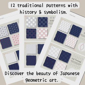 May include: A collection of printed pages showcasing 12 traditional Japanese geometric patterns. The designs feature intricate patterns in navy, white, and red. Text includes "12 traditional patterns with history & symbolism" and "Discover the beauty of Japanese geometric art."