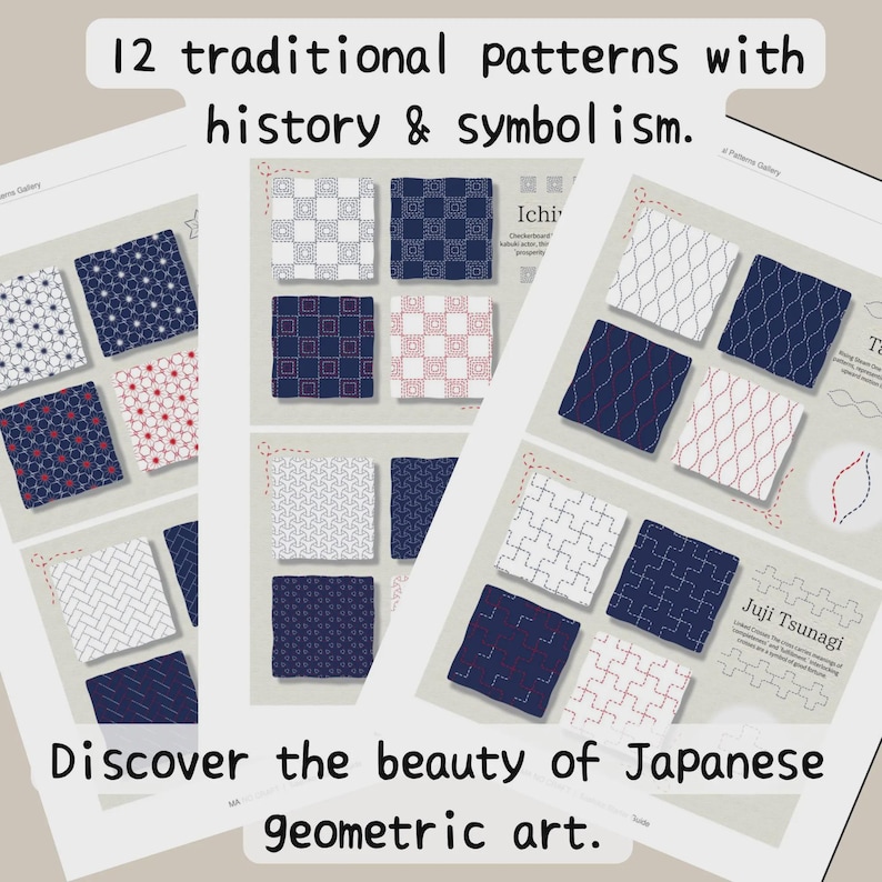 May include: A collection of printed pages showcasing 12 traditional Japanese geometric patterns. The designs feature intricate patterns in navy, white, and red. Text includes "12 traditional patterns with history & symbolism" and "Discover the beauty of Japanese geometric art."