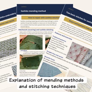 May include: Image of pages explaining sashiko mending methods and stitching techniques. The pages show examples of patchwork, running stitches, and traditional patterns. Text includes "sashiko embroidery" and "Explanation of mending methods and stitching techniques."
