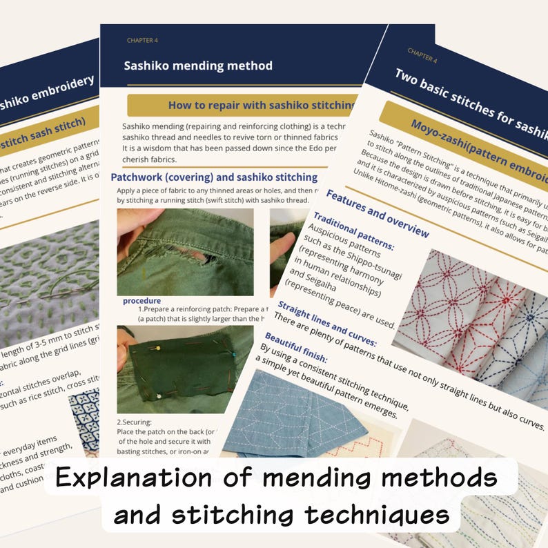 May include: Image of pages explaining sashiko mending methods and stitching techniques. The pages show examples of patchwork, running stitches, and traditional patterns. Text includes "sashiko embroidery" and "Explanation of mending methods and stitching techniques."