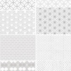K&ouml;nnte beinhalten: Eine Sammlung von acht verschiedenen schwarz-wei&szlig;en geometrischen Mustern mit gestrichelten Linien. Die Designs umfassen ineinandergreifende Kreise, Sternformen, wellenartige B&ouml;gen, radiale Sternmuster, Rautenraster, quadratische Motive und Zickzacklinien.