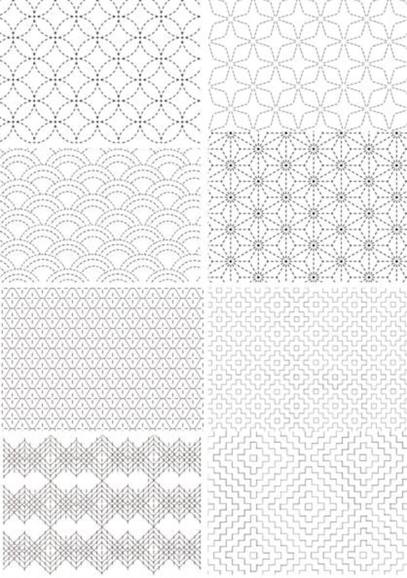 K&ouml;nnte beinhalten: Eine Sammlung von acht verschiedenen schwarz-wei&szlig;en geometrischen Mustern mit gestrichelten Linien. Die Designs umfassen ineinandergreifende Kreise, Sternformen, wellenartige B&ouml;gen, radiale Sternmuster, Rautenraster, quadratische Motive und Zickzacklinien.
