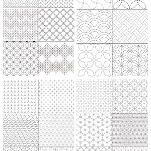 K&ouml;nnte beinhalten: Eine Sammlung von vierundzwanzig verschiedenen schwarz-wei&szlig;en Sashiko-Stickmustern, die in einem Raster angeordnet sind. Jedes Quadrat zeigt ein einzigartiges geometrisches Design aus gestrichelten Linien, darunter Chevrons, Kreise, Sterne und Kreuzschraffuren.