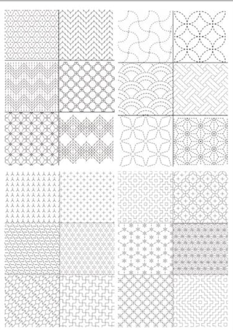 K&ouml;nnte beinhalten: Eine Sammlung von vierundzwanzig verschiedenen schwarz-wei&szlig;en Sashiko-Stickmustern, die in einem Raster angeordnet sind. Jedes Quadrat zeigt ein einzigartiges geometrisches Design aus gestrichelten Linien, darunter Chevrons, Kreise, Sterne und Kreuzschraffuren.