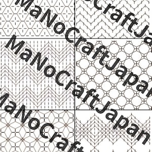 May include: Six geometric patterns in a grid, each with a unique design in shades of brown and black on a white background. The patterns include zigzags, diamonds, and cross-like shapes. The text "MaNoCraftJapan" is overlaid.