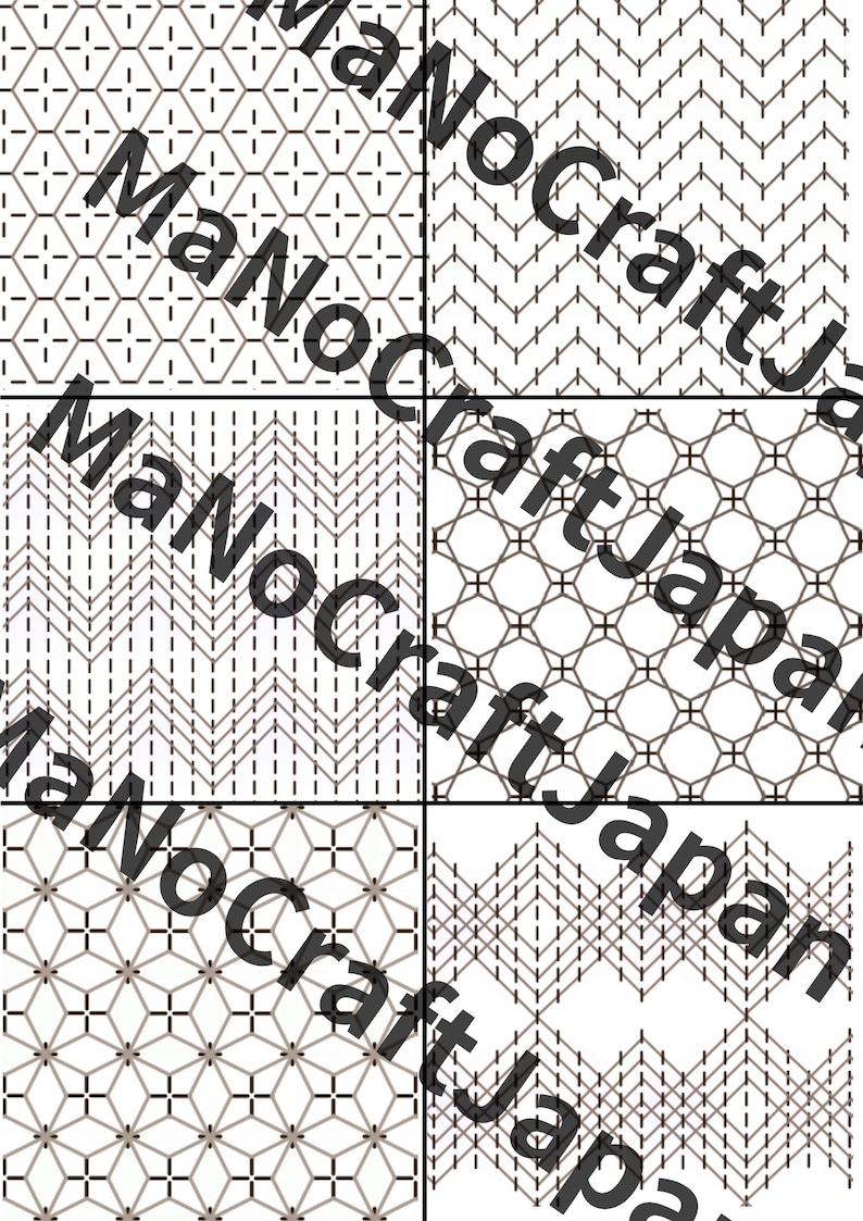 May include: Six geometric patterns in a grid, each with a unique design in shades of brown and black on a white background. The patterns include zigzags, diamonds, and cross-like shapes. The text "MaNoCraftJapan" is overlaid.