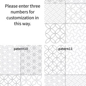 以下が含まれることがあります： patern9、patern10、patern11とラベル付けされた白黒の幾何学模様のグリッド。テキストには「Please enter three numbers for customization in this way.」と書かれています。デザインは、さまざまな形の繰り返しステッチラインで構成されています。