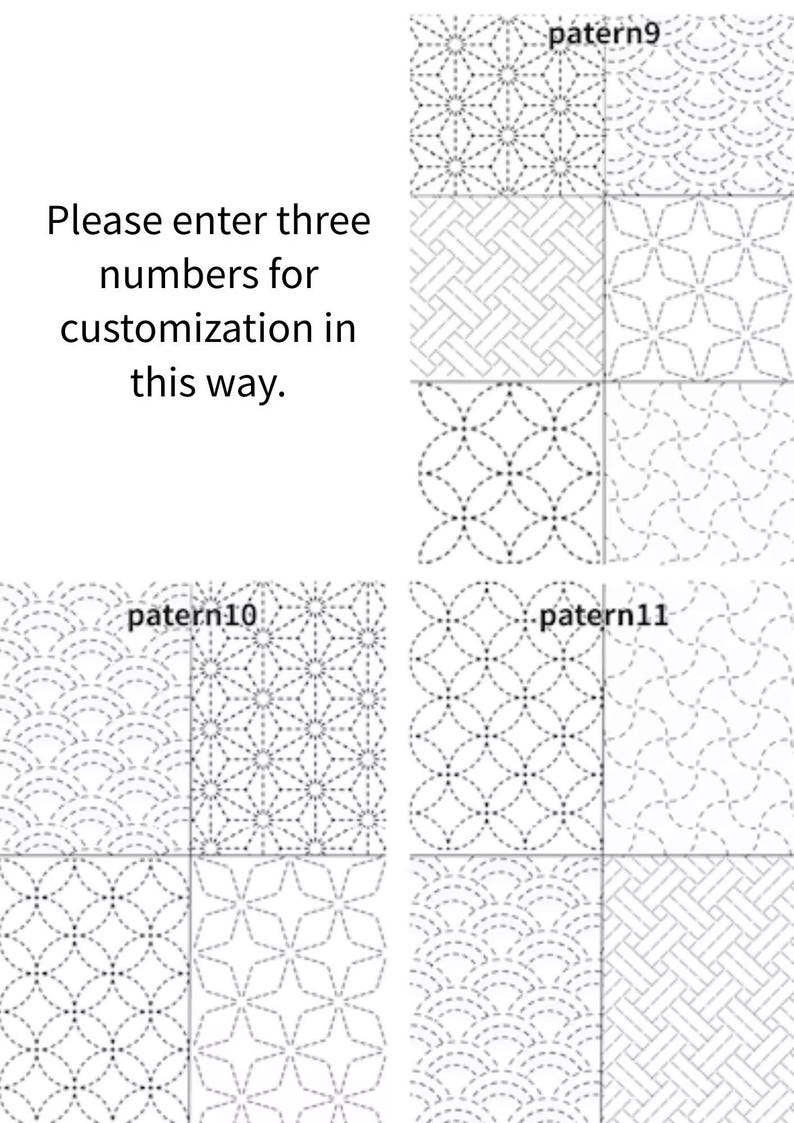 以下が含まれることがあります： patern9、patern10、patern11とラベル付けされた白黒の幾何学模様のグリッド。テキストには「Please enter three numbers for customization in this way.」と書かれています。デザインは、さまざまな形の繰り返しステッチラインで構成されています。