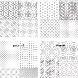 以下が含まれることがあります： patern1、patern2、patern3、patern4とラベル付けされた、グリッド状に配置された16種類の白黒の幾何学模様のコレクション。デザインには、十字、星、交差する線、葉のモチーフ、花のような形が含まれており、すべて白い背景に描かれています。