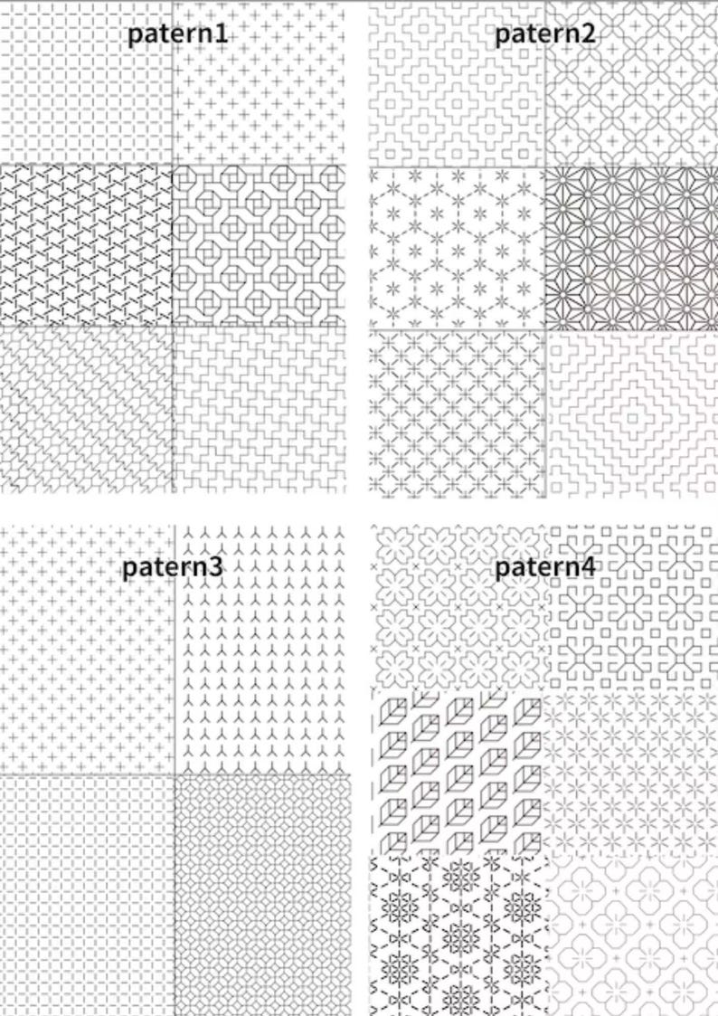 以下が含まれることがあります： patern1、patern2、patern3、patern4とラベル付けされた、グリッド状に配置された16種類の白黒の幾何学模様のコレクション。デザインには、十字、星、交差する線、葉のモチーフ、花のような形が含まれており、すべて白い背景に描かれています。