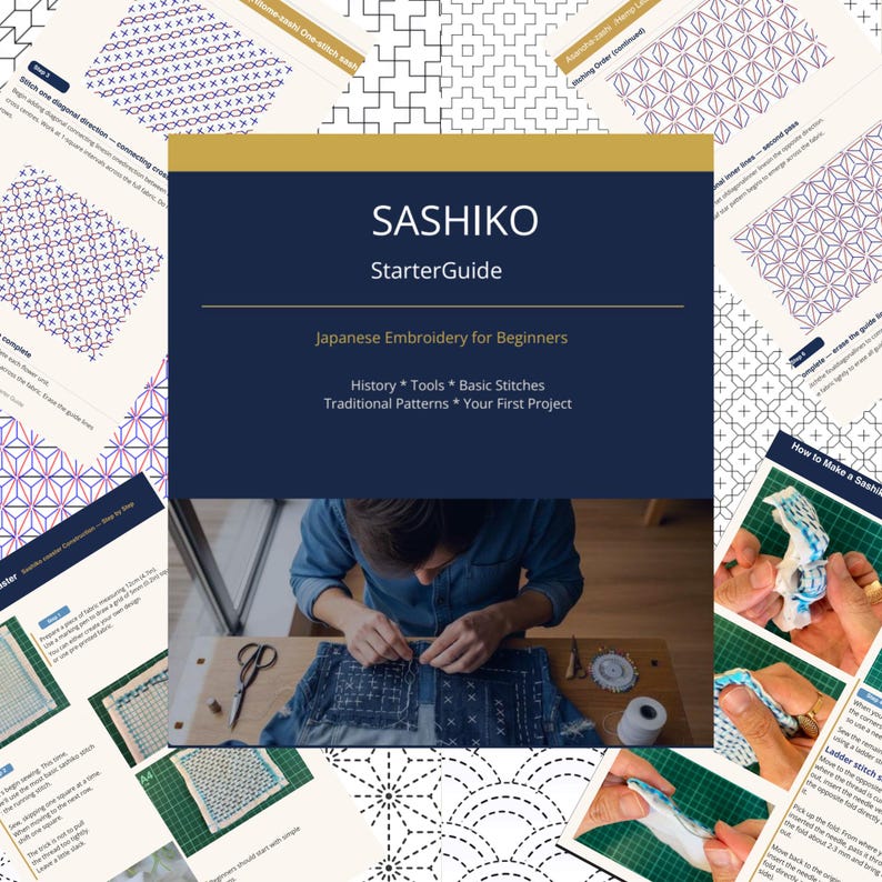 May include: A Sashiko StarterGuide book with the text "Japanese Embroidery for Beginners" and a person working on a Sashiko project. The guide includes information on history, tools, basic stitches, and traditional patterns. Various instructional pages surround the book.