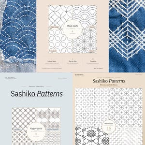 K&ouml;nnte beinhalten: Eine Sammlung von drei digitalen Musterbibliotheksdokumenten mit dem Titel Sashiko Patterns, die die Ausgaben Moyo-zashi, Kuguri-zashi und Hitomezashi enthalten. Jede Seite zeigt geometrische Liniendesigns, erkl&auml;renden Text und blaue Stoffmuster mit wei&szlig;er Stickerei.