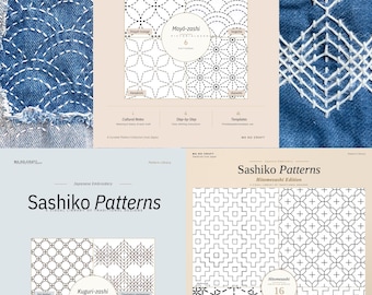 Sashiko Musterbuch PDF | 32 japanische Stickmuster | Hitomezashi Kuguri Moyo-zashi | 3 Bücher Vorlagen zum Downloaden