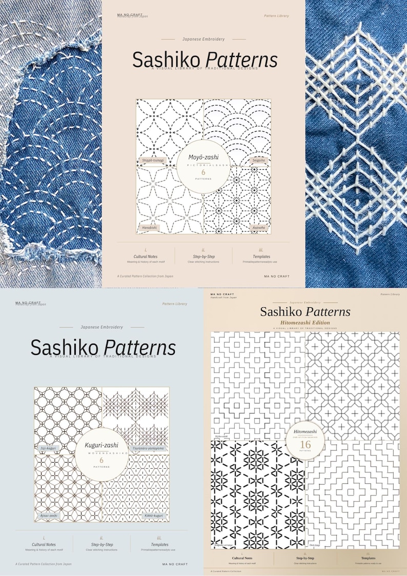 K&ouml;nnte beinhalten: Eine Sammlung von drei digitalen Musterbibliotheksdokumenten mit dem Titel Sashiko Patterns, die die Ausgaben Moyo-zashi, Kuguri-zashi und Hitomezashi enthalten. Jede Seite zeigt geometrische Liniendesigns, erkl&auml;renden Text und blaue Stoffmuster mit wei&szlig;er Stickerei.