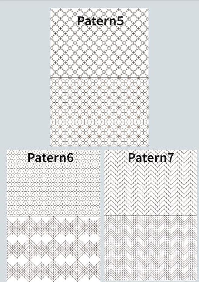 May include: Three panels displaying geometric patterns. The top panel has the text "Pattern5" above a repeating design of interconnected circles. The second panel shows a similar pattern with star-like shapes. The third panel has the text "Pattern6" and "Pattern7" above two different geometric designs.