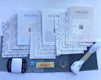 Sashiko-Kit | Japanische Stickerei Set mit Misuya Nadeln Stick & Stitch Sheets Daruma Faden Denim Stoff |  Hergestellt Japan