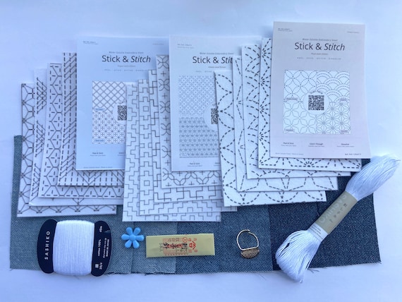 Sashiko Kit | Japanese Embroidery Set with Misuya Needles Stick & Stitch Sheets Daruma Thread  Denim Fabric |  Made in Japan