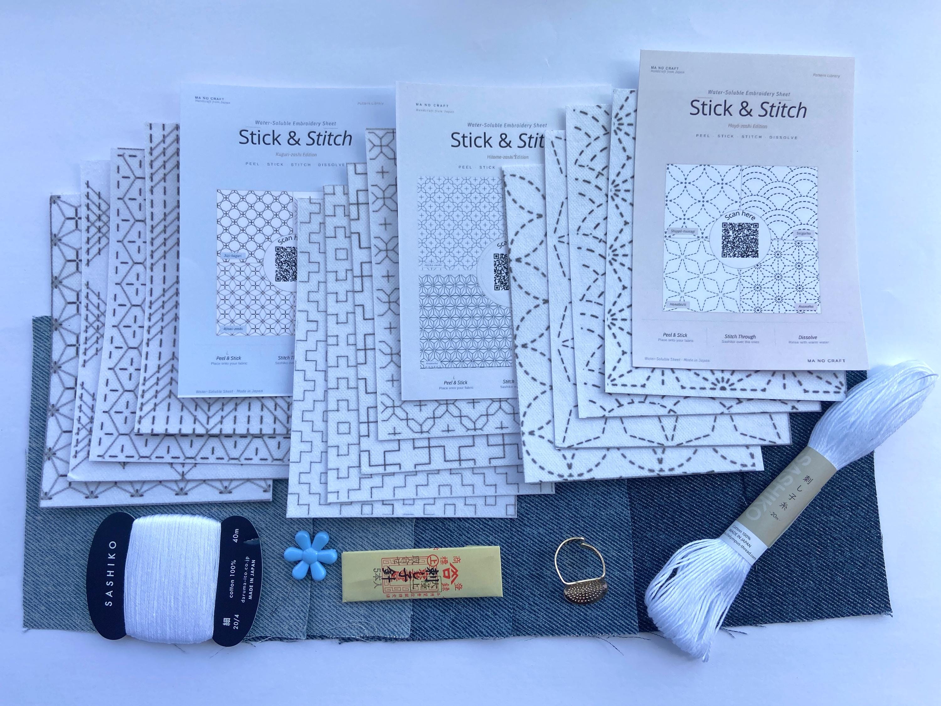 Sashiko Kit | Japanese Embroidery Set with Misuya Needles, Stick & Stitch Sheets, Daruma Thread & Denim Fabric