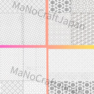 K&ouml;nnte beinhalten: Eine Sammlung von acht verschiedenen schwarz-wei&szlig;en geometrischen Mustern, die in einem Raster angeordnet sind und komplizierte Linienf&uuml;hrungen, florale Motive und sich wiederholende Formen aufweisen. Der Text MaNoCraftJapan liegt &uuml;ber dem Bild.